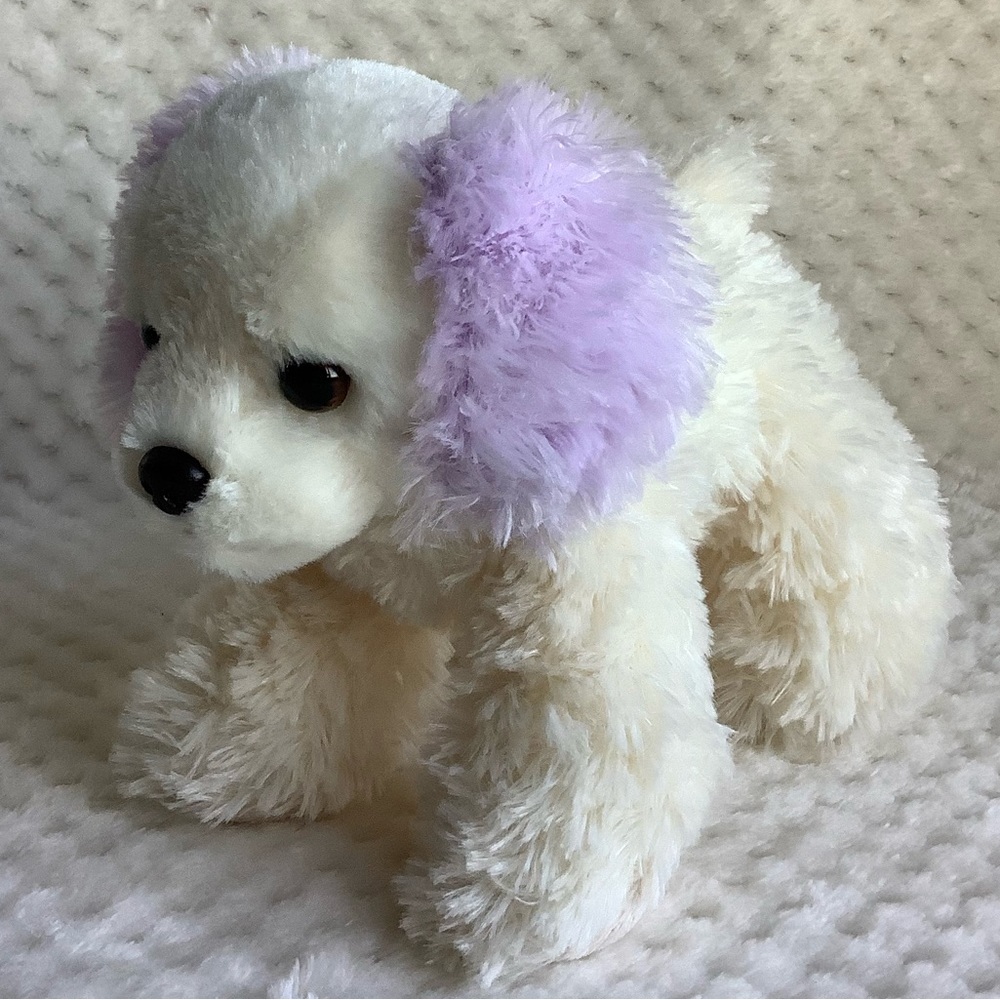 Aurora World 2015 Beige w Purple Ear Plush Puppy Dog Stuffed Animal Toy